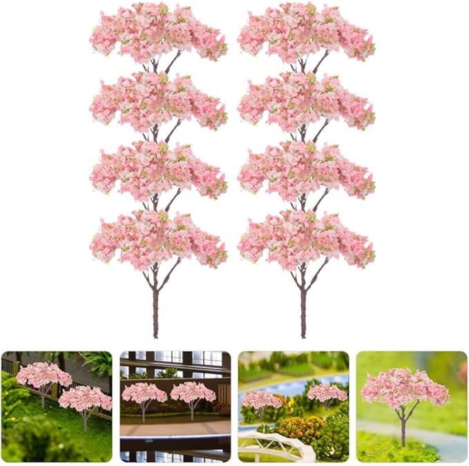 HOMSFOU 8pcs Cherry Blossom Tree Model, Artificial Blossom Cherry Tree Scenery Model Miniature Sand Table Accessories for Train Railway Architecture Diorama Micro Landscape Garden Yard Decor