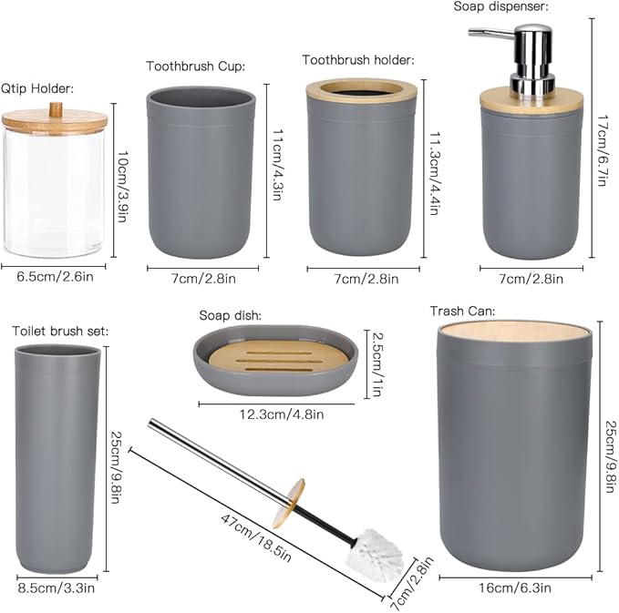 OTOSTAR Bathroom Accessory Set 8 Pieces Bathroom Accessories Set Bamboo Gift Bathroom Set with Trash Can Toothbrush Holder Soap Dispenser Soap and Lotion Set Tumbler Cup 2 Qtip Holder Jars (Grey)