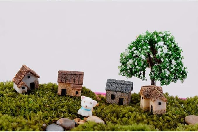 Haohaiblooms 4 Pcs Miniature Fairy Garden Stone House Set - Resin Moss Cottage for Home & Outdoor Decor, Micro Village Thatched Huts, Bonsai Terrarium Crafts, Desk Ornaments for DIY Landscape