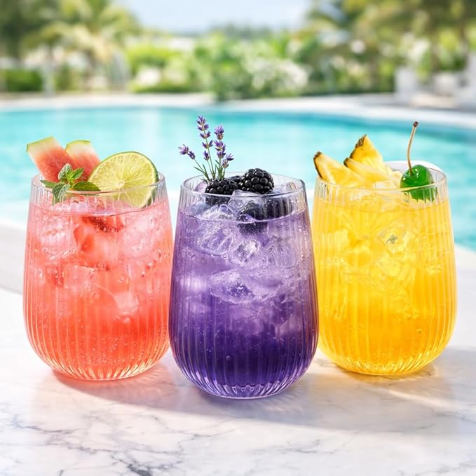 Oojami 30 piece 16 oz Stemless Unbreakable Crystal Clear Plastic Wine Glasses Set of 30-16 OunceClear Ribbed
