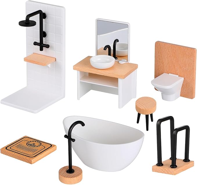 Toyvian 8pcs Dollhouse Bathroom Set: 1 12 Scale Dollhouse Toilet Bathtub Basin Wooden Bathroom Cabinet with Sink Miniature Furniture for Doll Bathroom Accessories