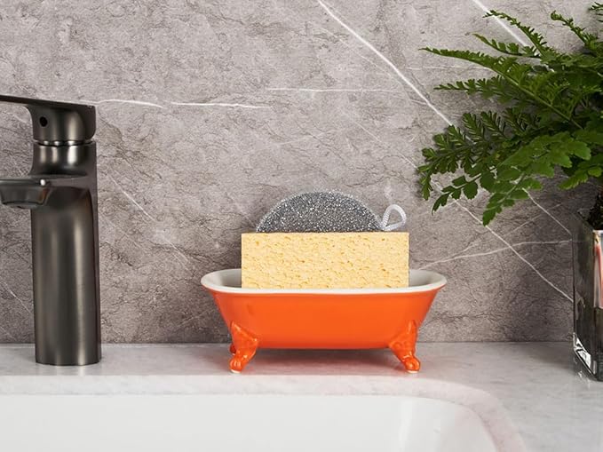 NEWHENGS 6.5" Ceramic Mini Decorative Clawfoot Bathtub Bar Soap Dish, Kitchen Sponge Holder and Shower Tray for Bathroom, 1 Pack(Tangerine)