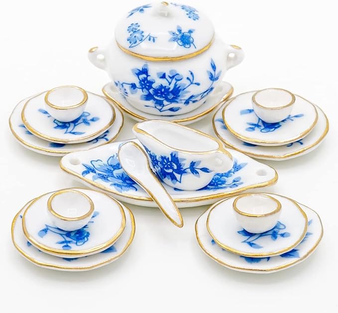 Odoria 1/12 Miniature Dish Dinnerware Set 17Pcs Dollhouse Decoration Accessories, Blue Blossom