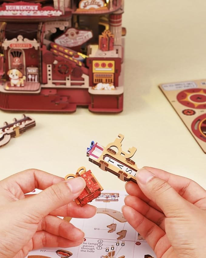 Dessert Atelier Self-Running Powered DIY Miniature House Kit – Movable Dessert & Coffee Lines Dollhouse Kit – Wood 3D Puzzles Tiny House Book Nook Christmas Halloween Birthday
