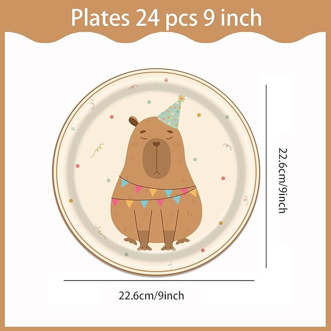 96 Pcs Capybara Party Decorations Pack for Boys Girls, Cute Capybara Birthday Supplies Includes Plates, Napkins, Forks for Animals Themed Party Supplies, Serve 24