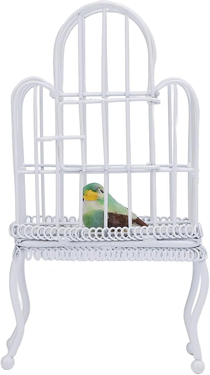 1:12 Scale Dollhouse Bird Cage Metal Miniature Bird Cage Realistic Opening Door Miniature Dollhouse Bird Cage with Fake Grass Bird Sticker (White)