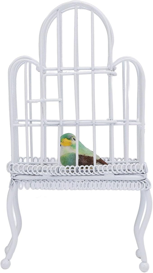 1:12 Scale Dollhouse Bird Cage Metal Miniature Bird Cage Realistic Opening Door Miniature Dollhouse Bird Cage with Fake Grass Bird Sticker (White)