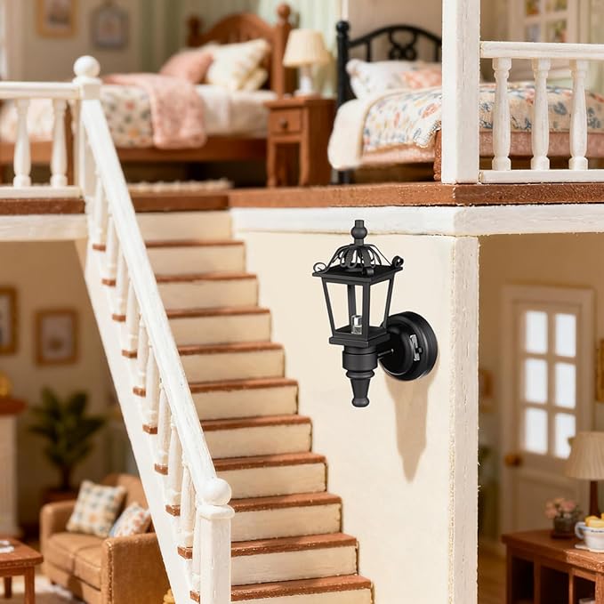 NUOBESTY 2pcs Miniature Wall-Mounted Lamps Mini Black Metal Wall Sconces for Dollhouse Lighting Accessory Battery Operated