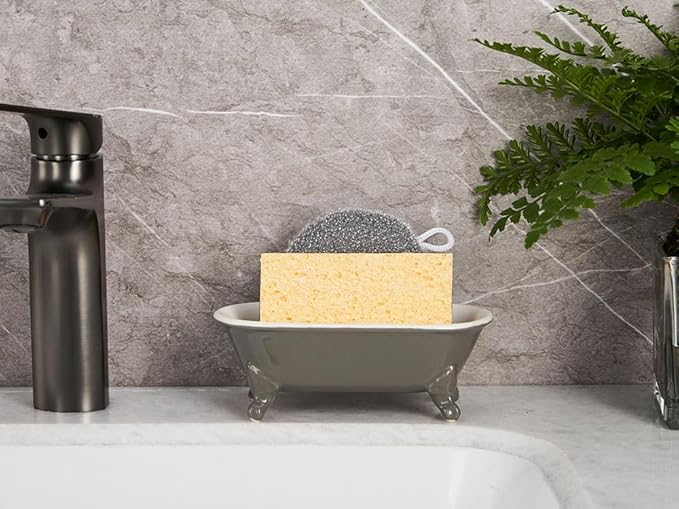 NEWHENGS 6.5" Ceramic Mini Decorative Clawfoot Bathtub Bar Soap Dish, Kitchen Sponge Holder and Shower Tray for Bathroom, 1 Pack(Stone Gray)