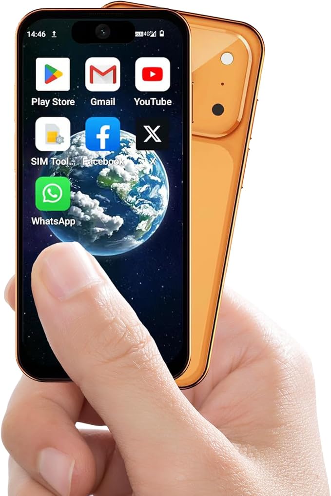 Leemoosa Mini Smartphone with 3.88-inch HD Touchscreen, 4G Dual SIM, Android 12, Face ID, Compact, Pocket-Sized for Students, Suitable as a Backup Phone or a Gift for Children 3GB+32GB（Orange）