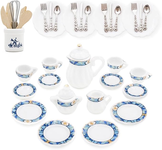 Odoria 1/12 Miniature Porcelain Tea Set Plates and Silverware Kitchen Utensils Dollhouse Accessories, Mediterranean Blue