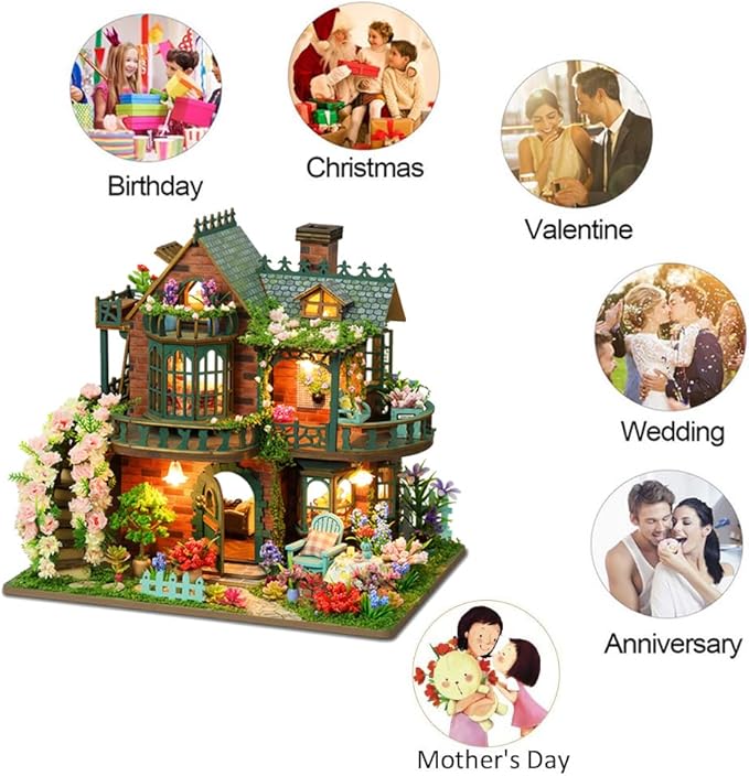 DIY Miniature Dollhouse Kit Dollhouse Handcrafted Wooden Miniature House with LED Light for Adults Unique Gifts for Teens (Fairy Garden)