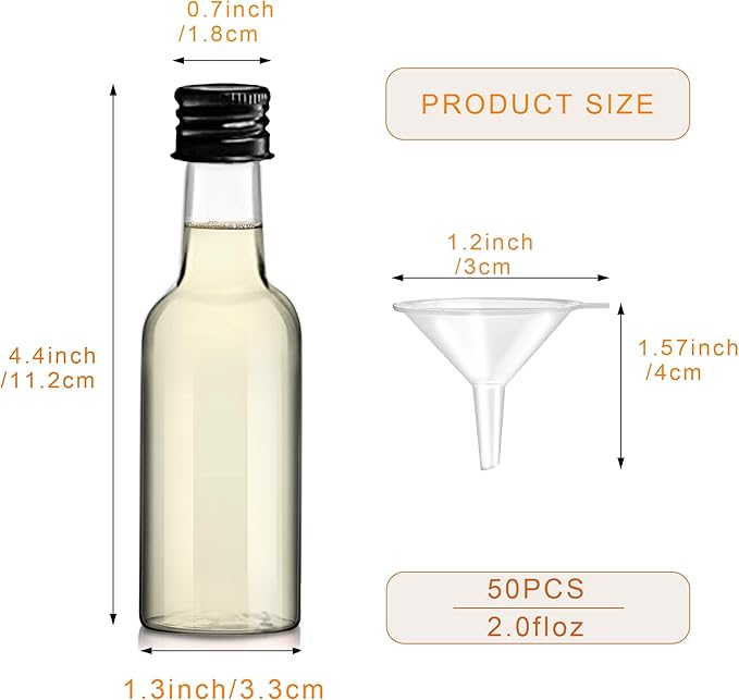 YZXODN 50 Pack 2 oz Mini Liquor Bottles with Labels, Plastic Alcohol Bottles, Airtight Shot Bottles, Little Spirit Bottle with Funnels Black Caps, Hot Sauce Bottle for Cocktail, Party Favors, Weddings