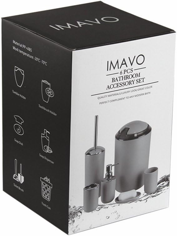 IMAVO Bathroom Accessories Set,Grey Bathroom Set,7 Pieces Bathroom Accessory Set,Tray,Toilet Brush,Trash Can for Bathroom Décor and Housewarming Gifts