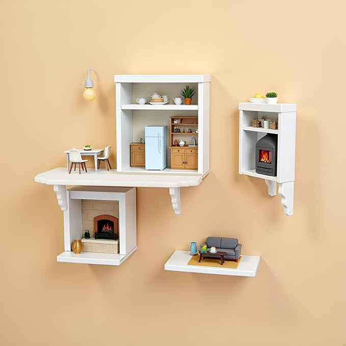 White Dollhouse Wall Shelf, 1:12 Scale Miniature Dollhouse Accessories, Doll House Storage Wall Shelf for Kitchen Scene Wall Decor Miniature Bedroom Mini Furniture Accessory