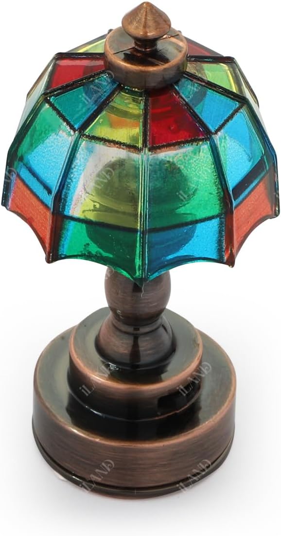 iLAND 1:12 Scale Accessories of Dollhouse Lights, Classic Miniature Lamp for Dollhouse Decoration, Beautiful Mosaic Lattice Table Lamp w/Battery