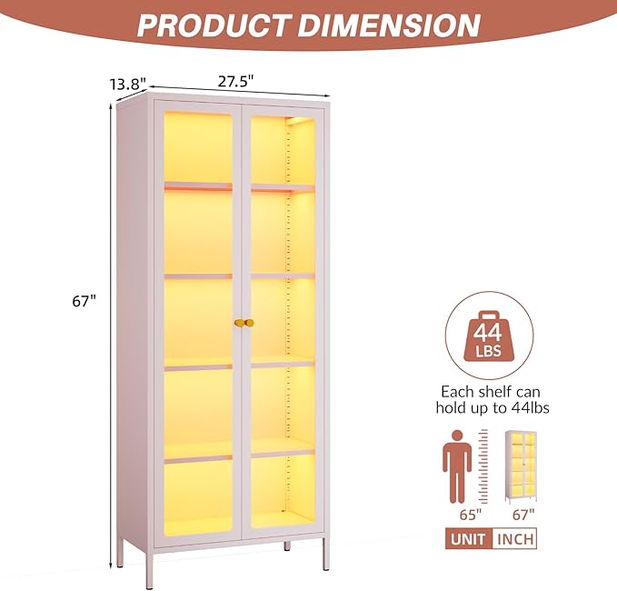 5-Tier Display Cabinet with 13-Color Light, 67" Tall Bookcase Bookshelf with Glass Doors & Adjustable Shelves, Metal Storage Cabinet Display Case for Collectibles Curios Trophies - Pink