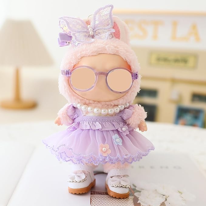 HLIAZJM Clothes for Labubu Doll, 5 Pieces Butterfly Tulle Skirt Purple Outfit Set, Suitable for 15cm & 17cm Dolls