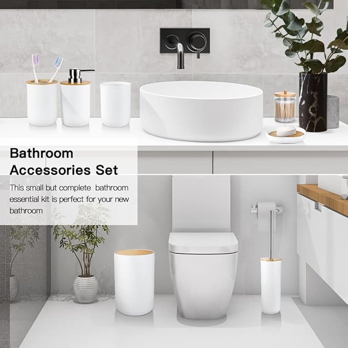 OTOSTAR Bathroom Accessories Set 8-Piece Bamboo Gift Set Bathroom Accessory Set with Trash Can 2 Qtip Holder Jars Soap Dispenser Toothbrush Holder Tumbler Cup Soap Dish Toilet Brush Holder (White)