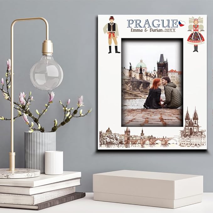 BELLA BUSTA-Personalized Europe Travel Picture Frame– Custom Print Photo Frame with City & Country-Honeymoon, Vacation, Adventure, Favor Keepsake (Prague (Vertical))