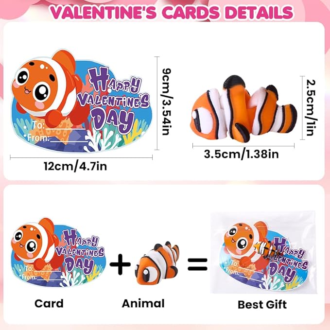 24pcs Valentines Day Gifts 3D Printed Ocean Animals Figurines with Valentine's Cards for Kids Boys Girls Valentine Day Party Favors Toys Classroom School Prize Rewards Gifts Exchange