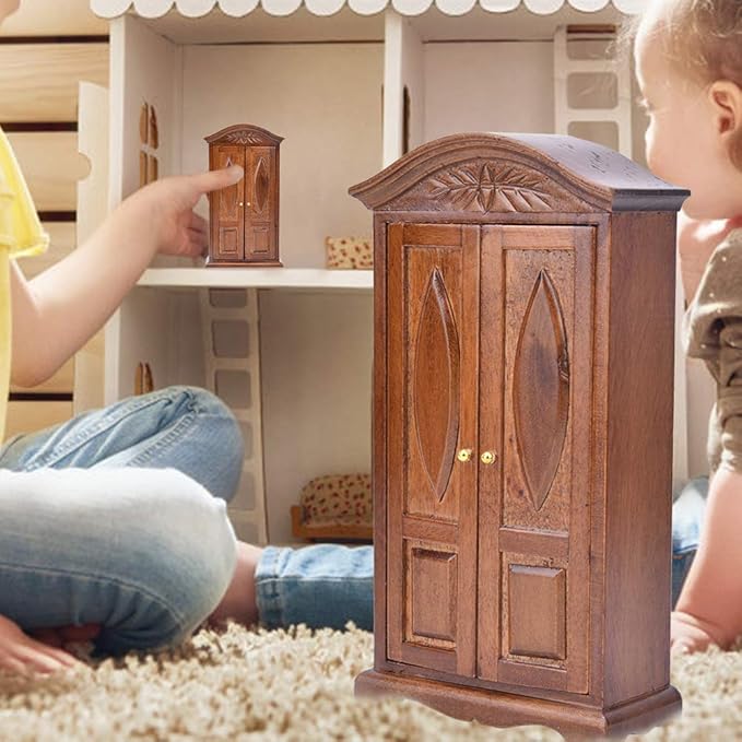 Dollhouse Wardrobe,1:12 Simulation Miniature Bedroom Furniture Wooden Vintage Cabinet for Fairy Gardens Doll House Decoration Accessories (Brown)