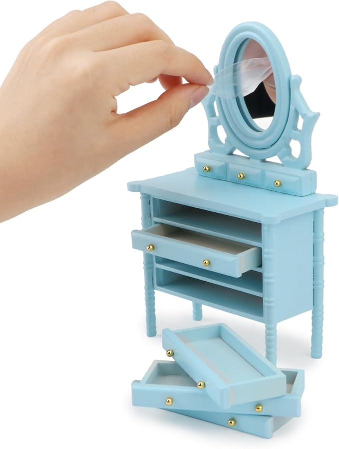 Miniature Dollhouse Vanity Table 1 12 Furniture Makeup Dressing Table with Mirror and 4 Drawers Mini House Accessories Bedroom Living Room Scene Decoration (Blue)
