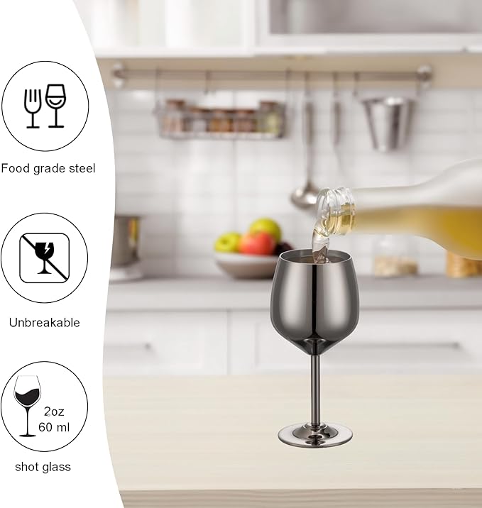 UNISWEET 2 oz Shot Glasses, Stainless Steel Shot Glasses, Mini Wine Glass Perfect for Tasting Brandy,Suitable for family dinner party, party supplies, bar tools, gifts(set of 2) (Black)