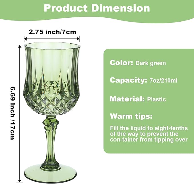 Limbeuuu 12 Pcs 7oz Plastic Vintage Wine Glasses Drinking Glasses Unbreakable Wedding Glassware Crystal Water Goblets Reusable Drinkware Vintage Champagne Flutes (Dark Green)