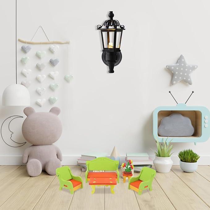 Leorx Vintage DIY Dollhouse 1 12 Dollhouse Miniature LED Wall Light Lamp (Black)