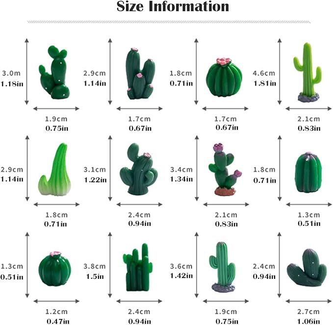 JARPSIRY 12 Pcs Mini Resin Cactus Miniature Figurines, Cute Small Cactus Figures Cake Topper, DIY Micro Landscape Desert Decor Home Fairy Garden Plant Pots Bonsai Crafts