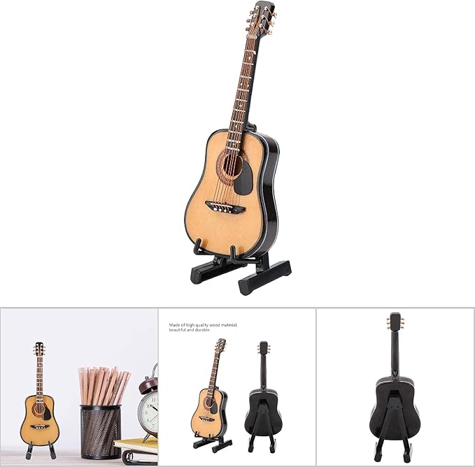 Miniature Guitar Model, Wooden Mini Guitar with Stand and Case, 3.95in Dollhouse Guitar, Musical Instrument Model Home Decor(10CM) (Pack of 2)