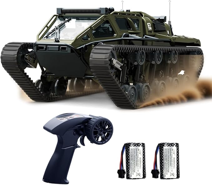 RC Tank All Terrain Army Truck for Kids - 2.4G Fully Proportional Remote Control Military Vehicle with 2 Batteries, Rock Crawler 4WD 360°Rotating Drifting Car with Cool Lights, Great Gift for Boys