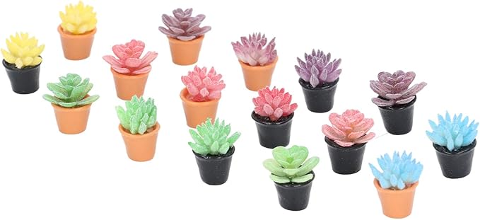 Dilwe 16Pcs Dollhouse Potted Plants, Mini Succulents Plants for Dollhouse Decoration, Resin 1:12 Scale Lifelike Appearance Colors Miniature Bonsai Plant Mini Potted Plant Flower Model