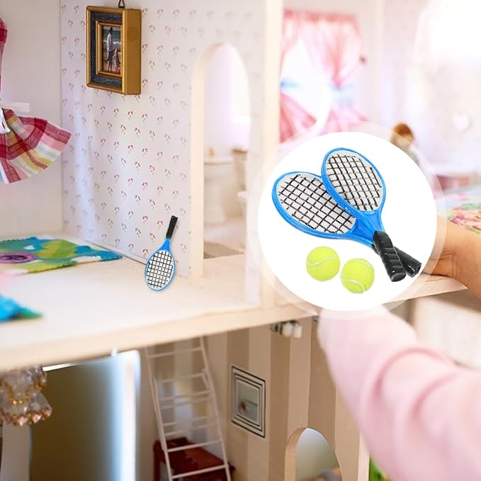 Garneck 4pcs Miniature Simulation Tennis Racket and Ball Models Mini Tennis Decorations Small Sport Accessories for Micro Landscape Fariy Garden DIY Decor (2pcs Rackets + 2pcs Balls)