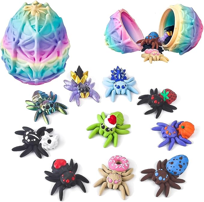 3D Printed Dragon Egg with 10 Unique Spiders, 3D Printed Animals Toys,Stocking Stuffers,Surprise Spider Fidget Toy Set for Party Favors (Rainbow)