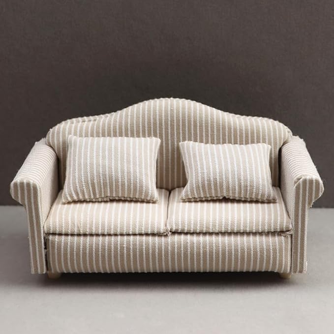 1/12 Dollhouse Couch - Miniature Double & Single Sofa with Pillow, Upholstered Armchair for Living Room or Bedroom Furniture Accessories (1 Set)