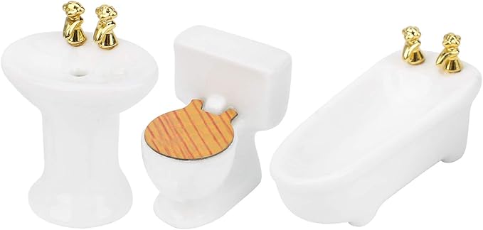 1/24 Dollhouse Miniature Bathroom Set Simulation Ceramic Bathtub Toilet Sink Kit Dollhouse Bathroom Set Melody Jane Dolls Houses Doll House Toilet Bathtub Furni (Pure White)