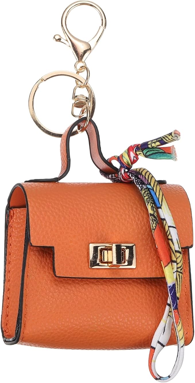 PATIKIL Mini Backpack Keychain, Cute Coin Purse Keychain PU Leather Backpack Purse Key Chain Little Earbud Bag Keychains for Women Mini Card Data Cable Organizer, Orange