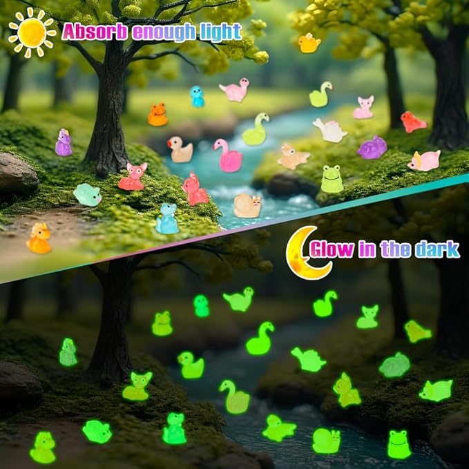 240 Pack Mini Resin Animals, Glow in The Dark Tiny Animals Figures to Hide Luminous Small Plastic Miniature Little Ducks Bulk for Office Home Garden Micro Landscape Aquarium Potted Dollhouse Decor