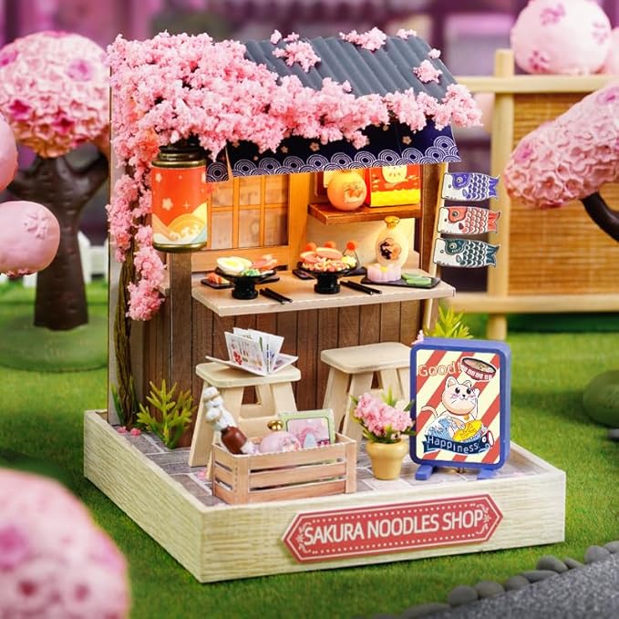 CRIOLPO DIY Miniature Doll House Kit with Furniture, DIY Doll House Miniature Wooden House Kit, Inventive Room, Wooden Dolls House, Ideal for Craft Enthusiasts - Sakura Noodle House