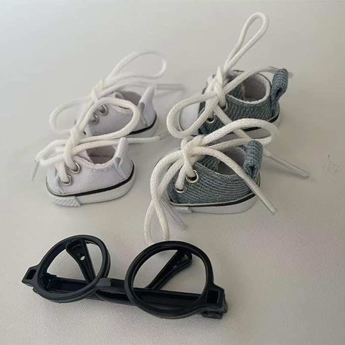 Mini Canvas Sneakers for Dolls, 2 Pairs Set in White and Denim Blue, Lace-up Style for labubu 2025,Include A Pair of Glasses(no Lenses) (White & Denim Blue)