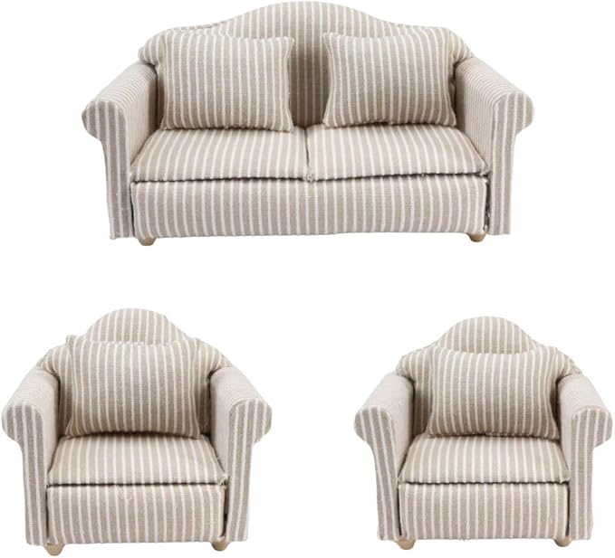 3PCS Dollhouse Couch – 1/12 Scale Miniature Double & Single Sofa with Pillow Upholstered Armchair Set, Doll House Living Room Mini Furniture Accessories Timeless Classic for Bedroom Sectional Décor