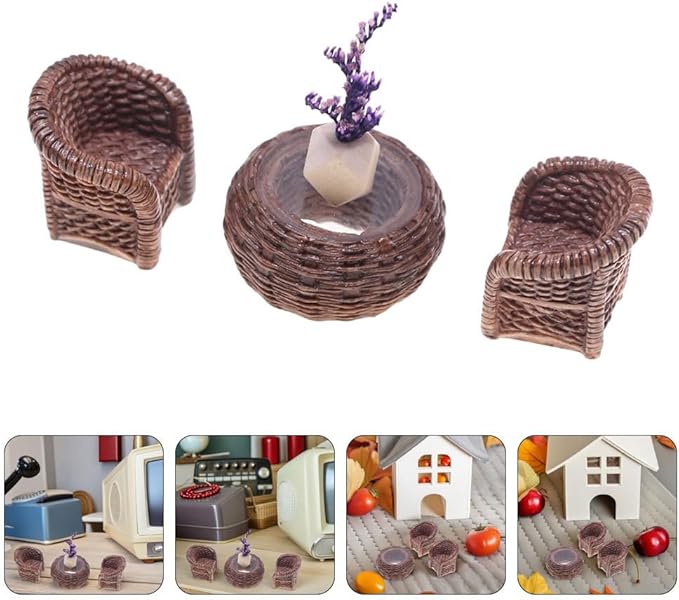 DOITOOL Miniature Table and Chairs Set: 1:12 Scale Miniature Dollhouse Accessories Mini Rattan Table and Chairs Dollhouse Furniture for Fairy Garden Micro Landscape Decoration