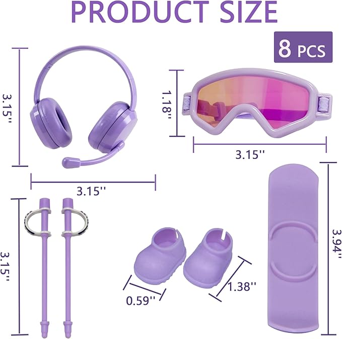 2026 New 8-Piece Ski & Snowboard Set for 17cm Dolls - Goggles, Headset, Ski Poles, Boots & Snowboards, Vinyl Figure Sports Adventure Collection (Doll is NOT Included) (Purple)