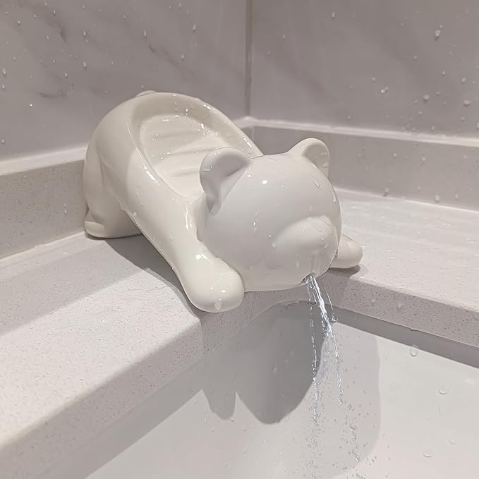Ceramic Bear Soap Tray with Drain, Soap Dish Container, Dish Soap Tray, Multipurpose Holder for Shower, Bathroom, Kitchen & Counter jabonera para baño (Beige)