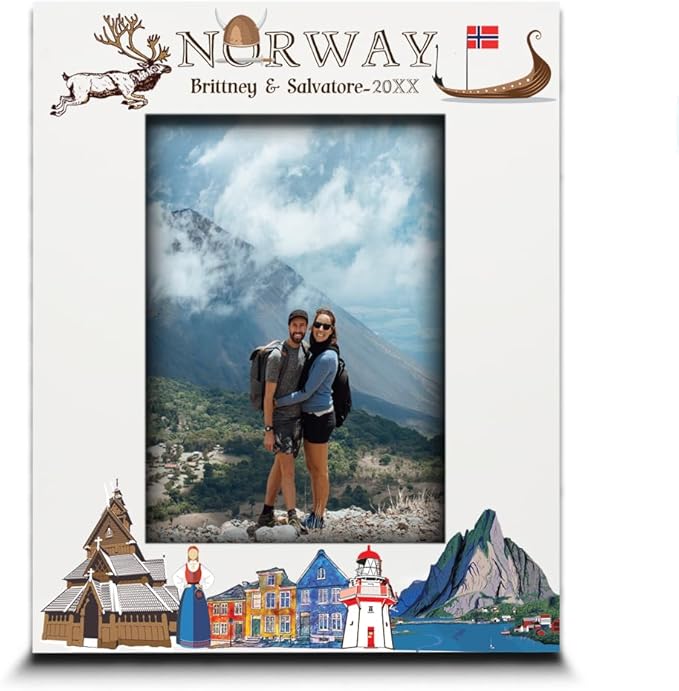 BELLA BUSTA-Personalized Europe Travel Picture Frame– Custom Print Photo Frame with City & Country-Honeymoon, Vacation, Adventure, Favor Keepsake (Norway (5x7 Vertical))