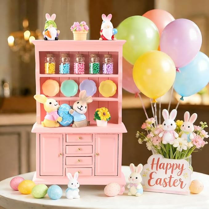 Celltestria 38Pcs Easter Dollhouse Miniatures Decorations 1:12 Scale Mini Pink Wooden Bookshelf Furniture Set Tiny Bottles Flowers Table Chairs Rabbits Eggs Easter Spring Decor