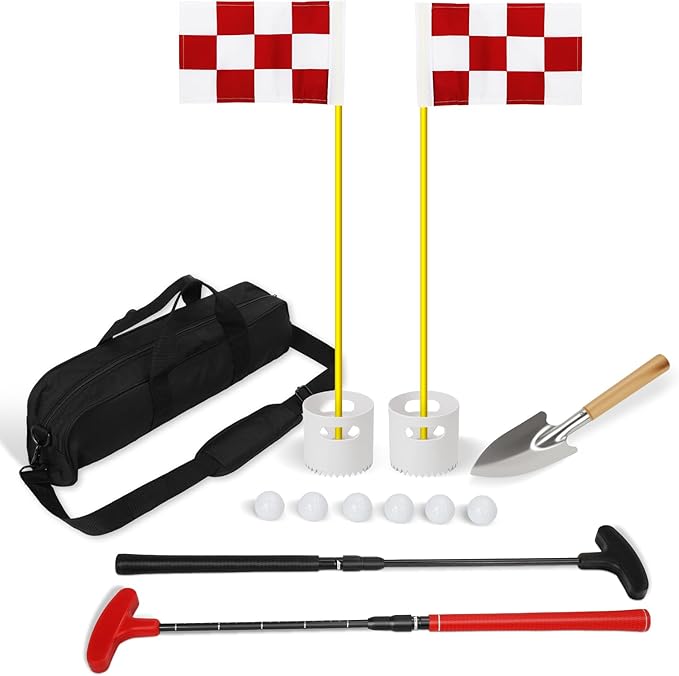 Golf Flagstick Mini Putt Set - Outdoor Battle Putting Game for Sand Beach/Backyard/Driving Range,Detachable Golf Pin Flag Hole Cup Set with 2 Adjustable Putters &Carry Bag, Gift Idea for Men/Boys