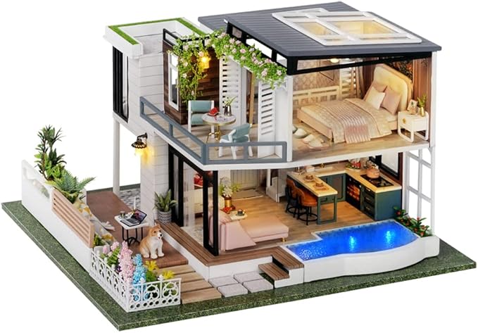 TuKIIE DIY Miniature Dollhouse Kit with Furniture, 1:24 Scale Large Garden Villa Wooden Christmas Doll House Accessories Plus Dust Proof & Music Movement for Kids Teens Adults(West Creek House)